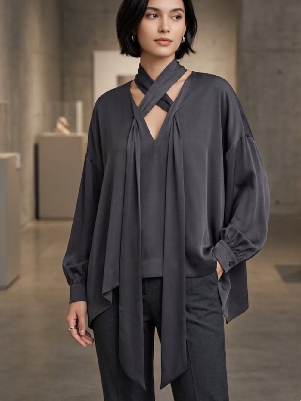 BALENCIAGA BY DEMNA ASYMMETRIC BLACK SILK TIE NECK SCARF SWING BLOUSE